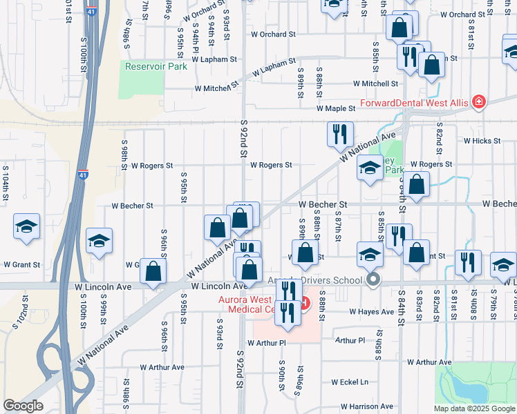 map of restaurants, bars, coffee shops, grocery stores, and more near 2071 South 91st Street in West Allis
