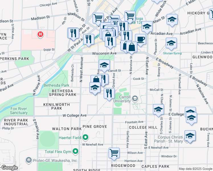 map of restaurants, bars, coffee shops, grocery stores, and more near 327 Arlington Street in Waukesha