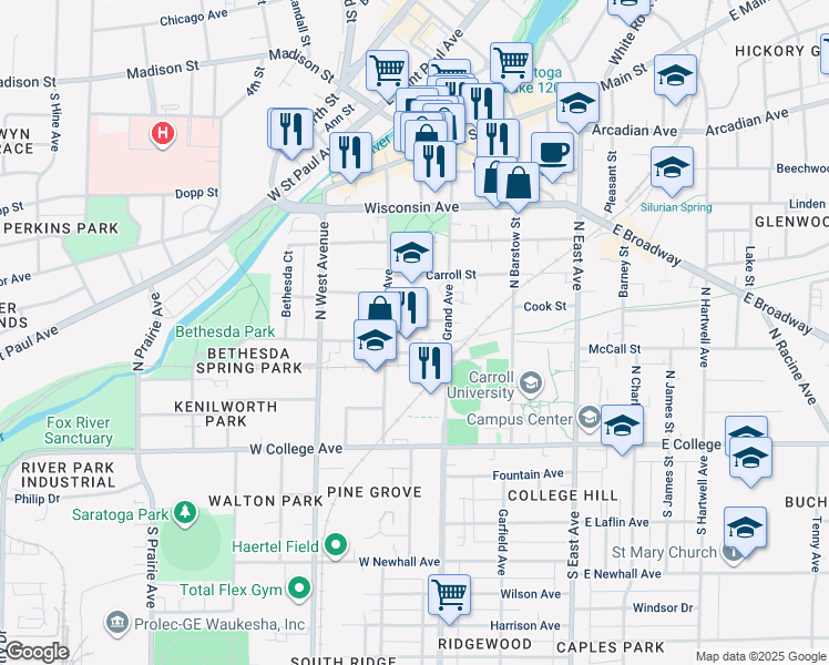 map of restaurants, bars, coffee shops, grocery stores, and more near 327 Arlington Street in Waukesha