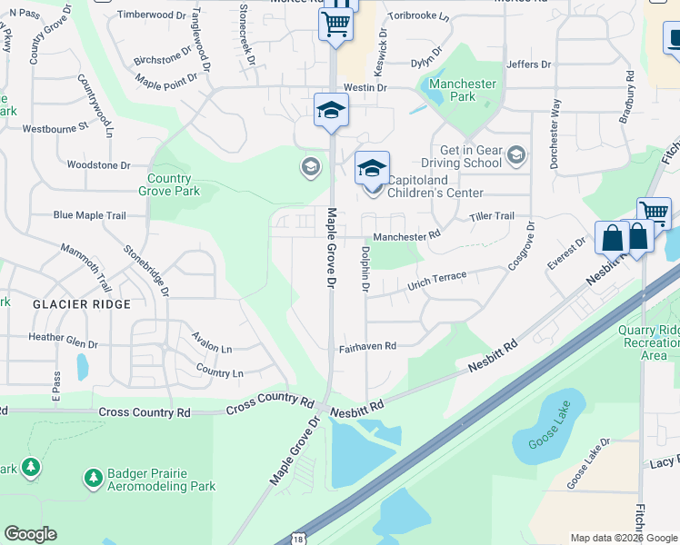map of restaurants, bars, coffee shops, grocery stores, and more near 3839 Maple Grove Drive in Madison