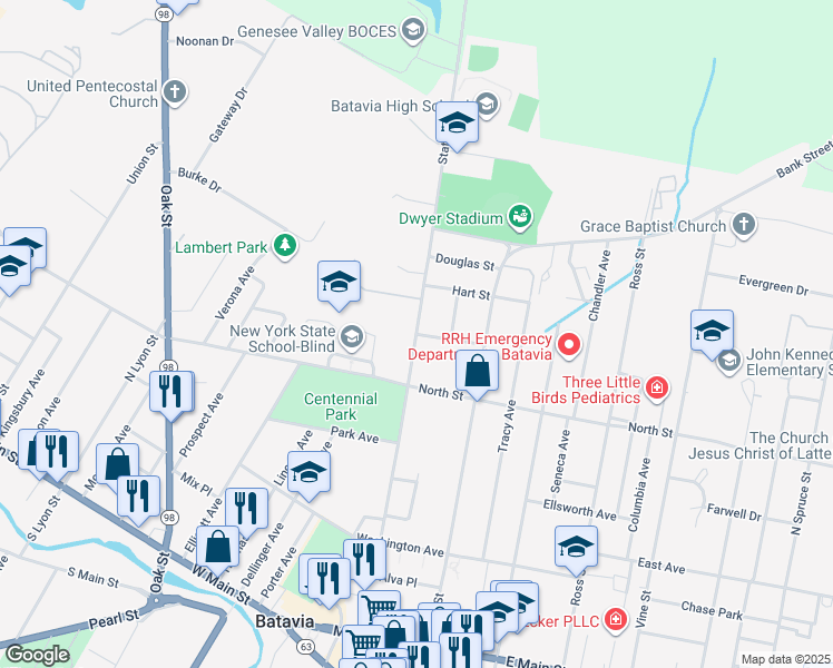 map of restaurants, bars, coffee shops, grocery stores, and more near State Street in Batavia