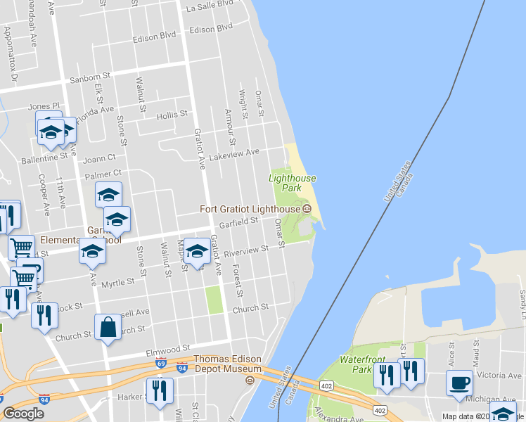 map of restaurants, bars, coffee shops, grocery stores, and more near 2820 Wright Street in Port Huron