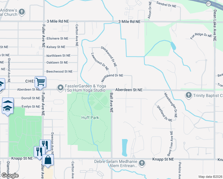 map of restaurants, bars, coffee shops, grocery stores, and more near 2399 Ball Avenue Northeast in Grand Rapids