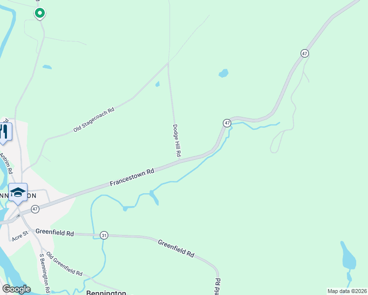 map of restaurants, bars, coffee shops, grocery stores, and more near 15 Dodge Hill Road in Bennington