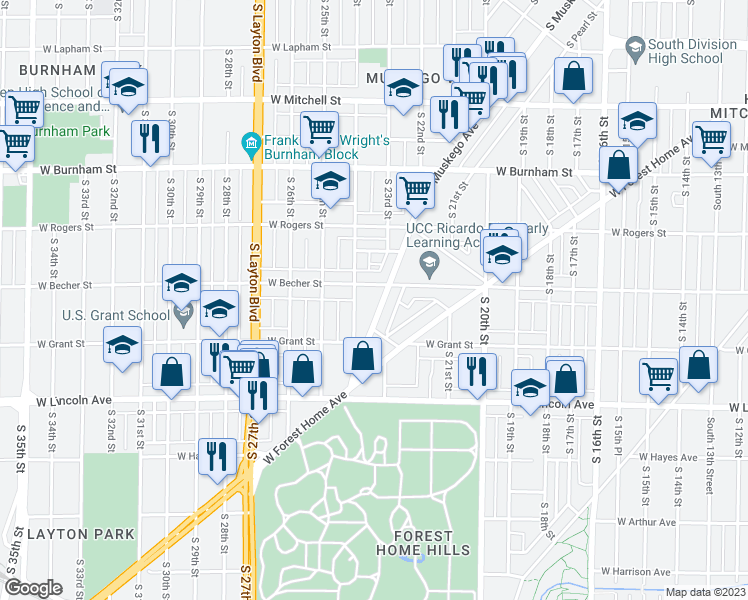 map of restaurants, bars, coffee shops, grocery stores, and more near 2104 South 24th Street in Milwaukee