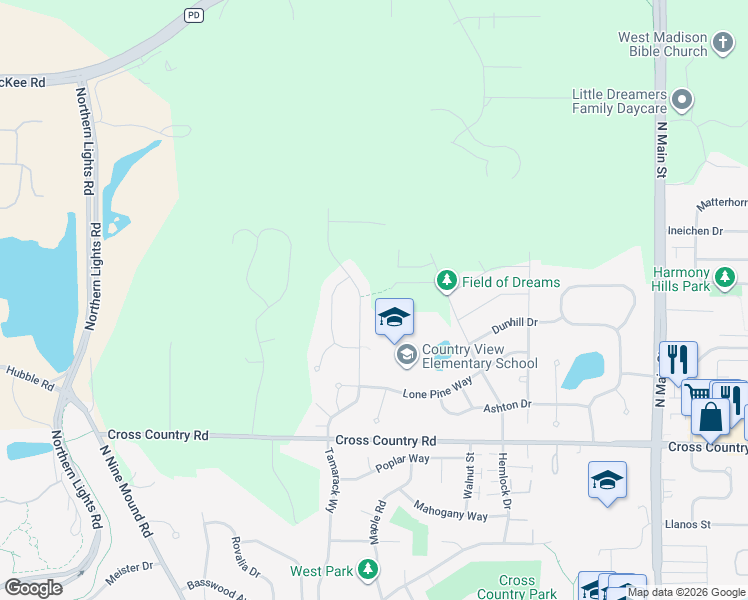 map of restaurants, bars, coffee shops, grocery stores, and more near 1245 Tamarack Way in Verona