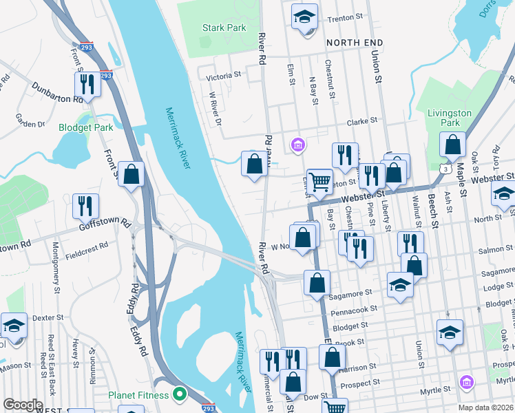 map of restaurants, bars, coffee shops, grocery stores, and more near 190 River Road in Manchester