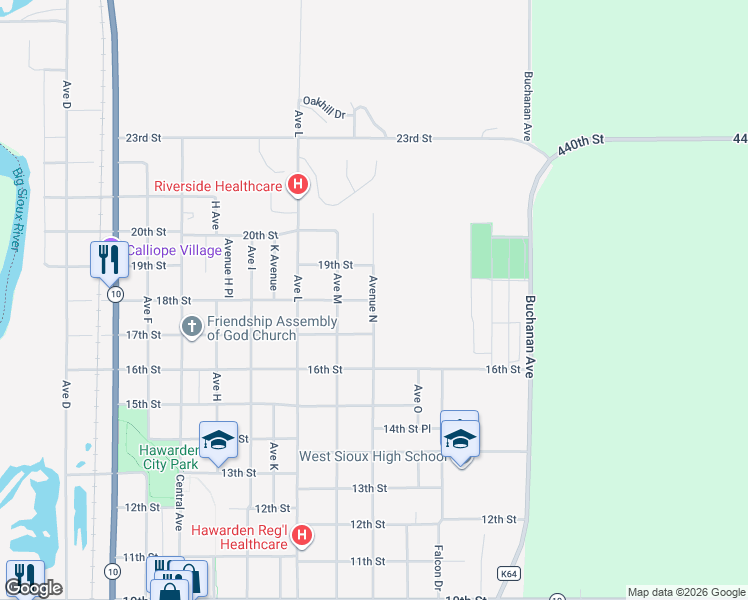 map of restaurants, bars, coffee shops, grocery stores, and more near 1765 Avenue North in Hawarden