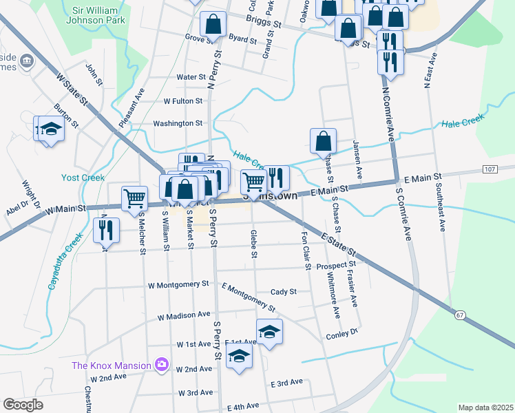 map of restaurants, bars, coffee shops, grocery stores, and more near 56 E Main St in Johnstown