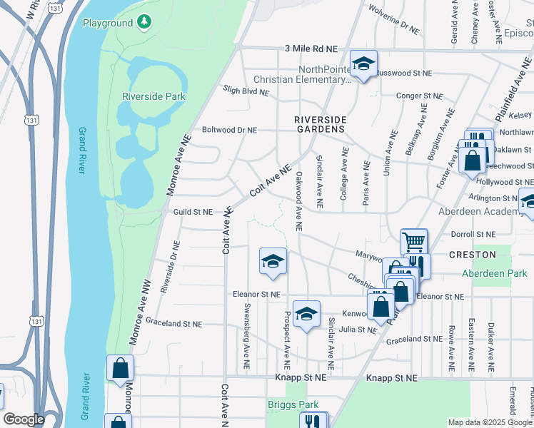 map of restaurants, bars, coffee shops, grocery stores, and more near 265 Eleanor Street Northeast in Grand Rapids