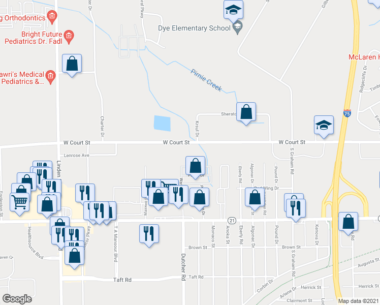 map of restaurants, bars, coffee shops, grocery stores, and more near 4233 West Court Street in Flint