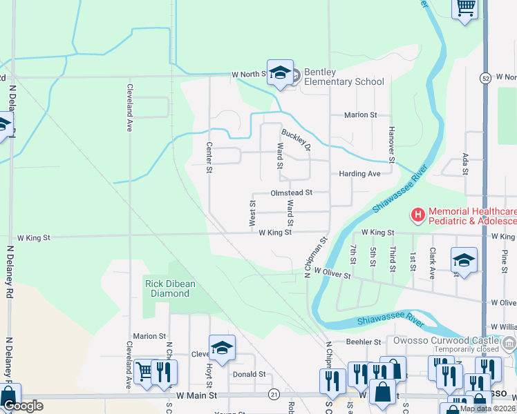 map of restaurants, bars, coffee shops, grocery stores, and more near 1427 Olmstead Street in Owosso