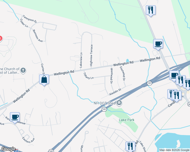 map of restaurants, bars, coffee shops, grocery stores, and more near 107 Tiffany Lane in Manchester