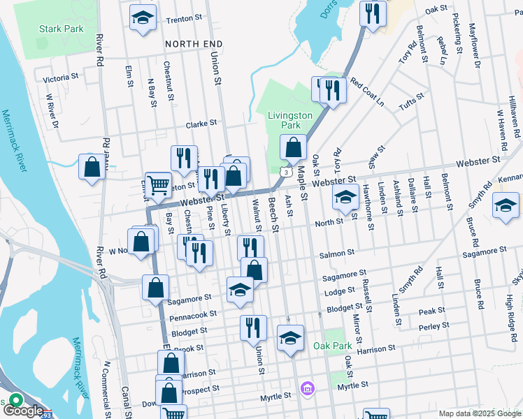 map of restaurants, bars, coffee shops, grocery stores, and more near 369 Walnut Street in Manchester