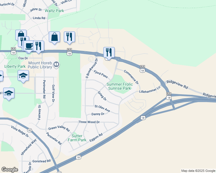 map of restaurants, bars, coffee shops, grocery stores, and more near 1900 Tyrol Terrace in Mount Horeb