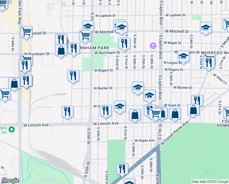 map of restaurants, bars, coffee shops, grocery stores, and more near 2104 South 32nd Street in Milwaukee