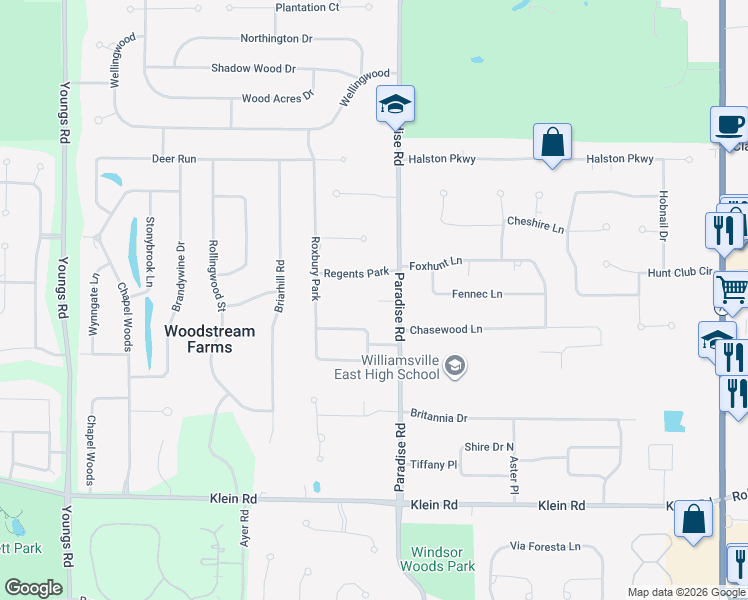 map of restaurants, bars, coffee shops, grocery stores, and more near 35 Regents Park in East Amherst