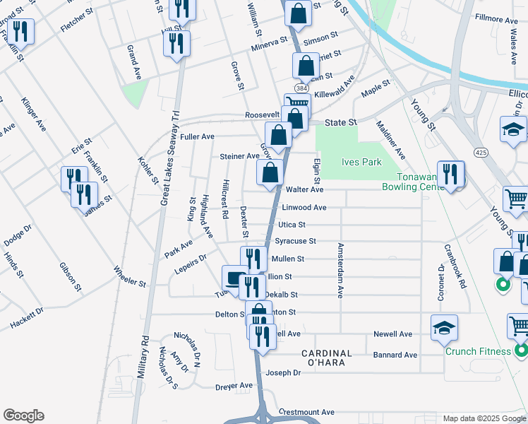 map of restaurants, bars, coffee shops, grocery stores, and more near 13 Milton Street in Tonawanda
