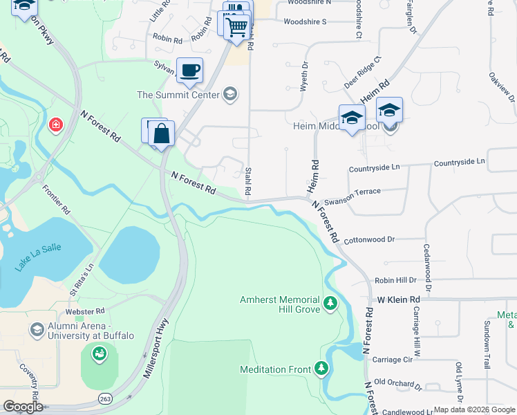 map of restaurants, bars, coffee shops, grocery stores, and more near 1981 North Forest Road in Buffalo