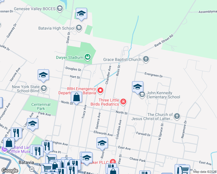 map of restaurants, bars, coffee shops, grocery stores, and more near 36 Chandler Avenue in Batavia