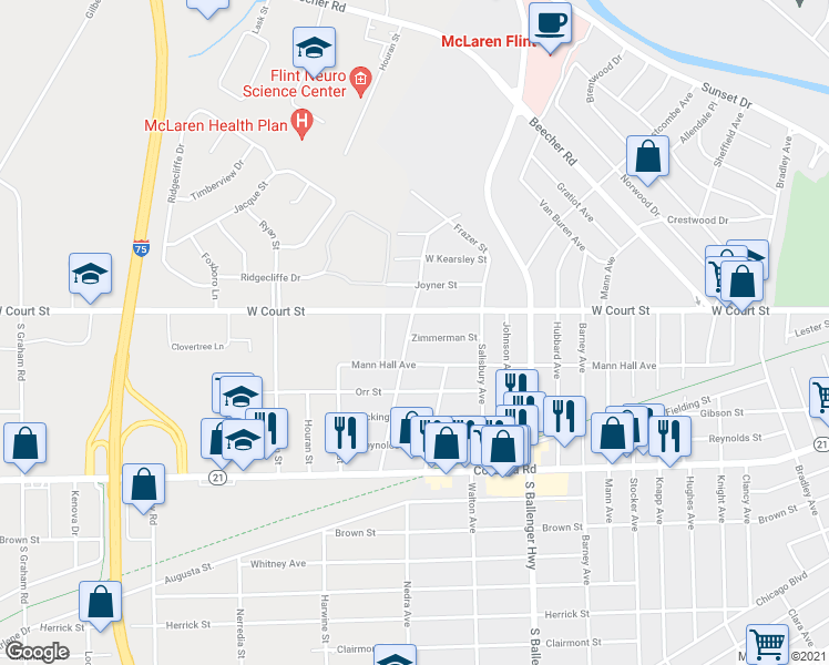 map of restaurants, bars, coffee shops, grocery stores, and more near 3934 Zimmerman Street in Flint