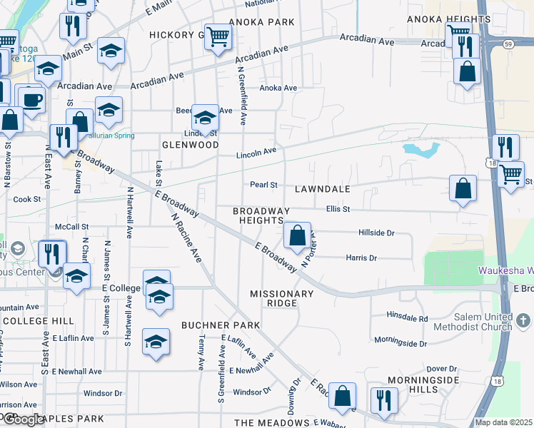 map of restaurants, bars, coffee shops, grocery stores, and more near 1105 Ellis Street in Waukesha