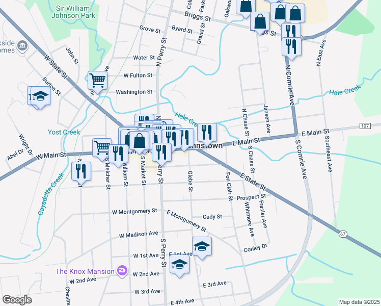 map of restaurants, bars, coffee shops, grocery stores, and more near 56 East Main Street in Johnstown