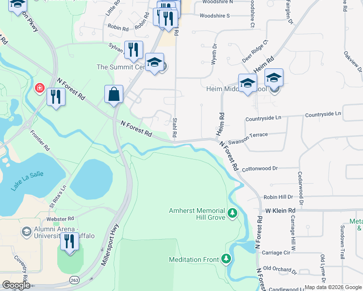 map of restaurants, bars, coffee shops, grocery stores, and more near 1981 North Forest Road in Buffalo