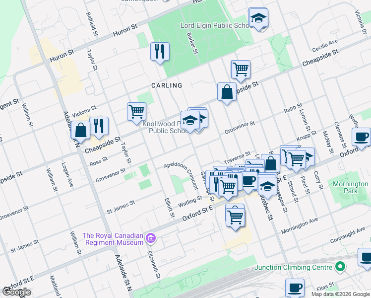 map of restaurants, bars, coffee shops, grocery stores, and more near 737 Grosvenor Street in London