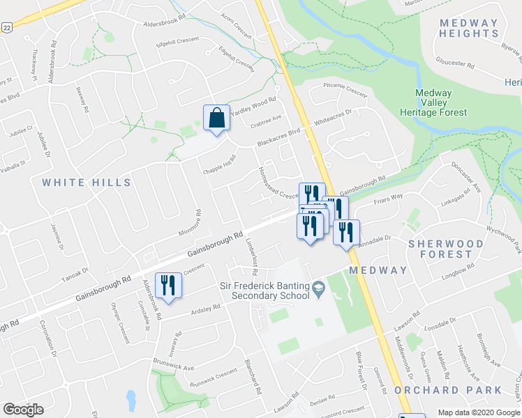 map of restaurants, bars, coffee shops, grocery stores, and more near 308 Homestead Court in London