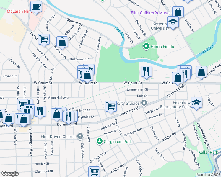 map of restaurants, bars, coffee shops, grocery stores, and more near 2605 West Court Street in Flint