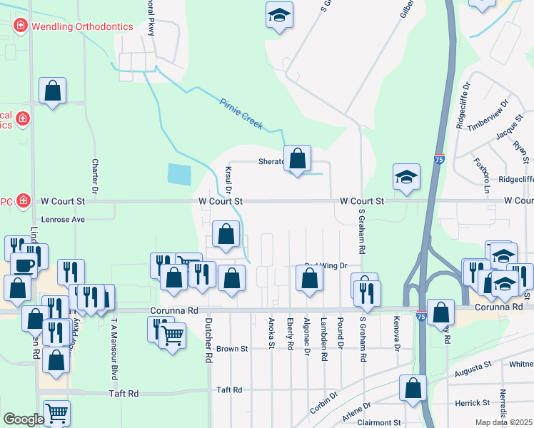 map of restaurants, bars, coffee shops, grocery stores, and more near 4137 West Court Street in Flint