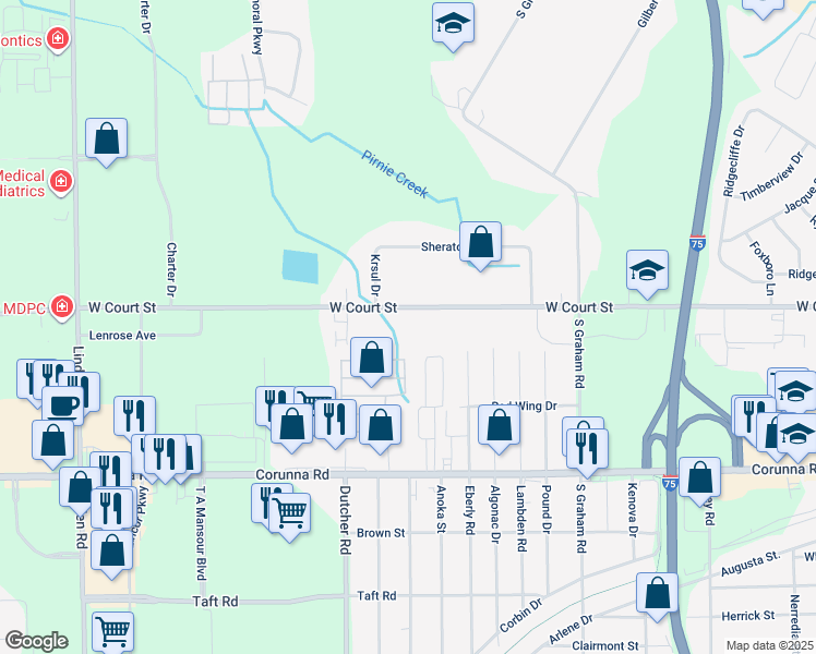 map of restaurants, bars, coffee shops, grocery stores, and more near 4185 West Court Street in Flint