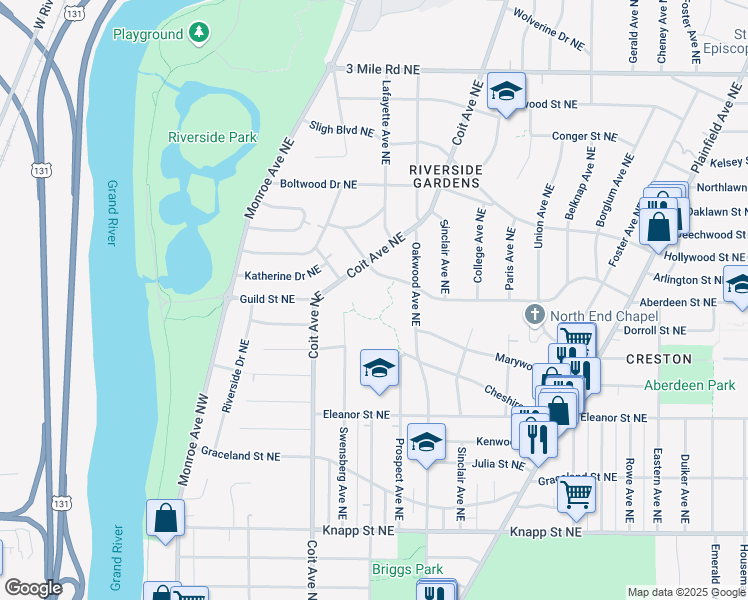 map of restaurants, bars, coffee shops, grocery stores, and more near 2420 Coit Avenue Northeast in Grand Rapids
