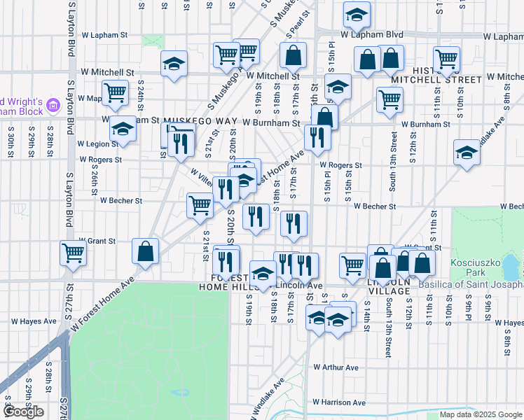 map of restaurants, bars, coffee shops, grocery stores, and more near 1815 West Becher Street in Milwaukee