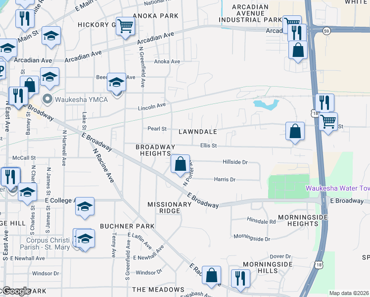 map of restaurants, bars, coffee shops, grocery stores, and more near 1209 Ellis Street in Waukesha