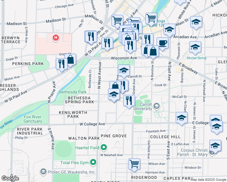 map of restaurants, bars, coffee shops, grocery stores, and more near 320 Maple Avenue in Waukesha