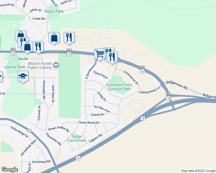 map of restaurants, bars, coffee shops, grocery stores, and more near 1900 Tyrol Terrace in Mount Horeb