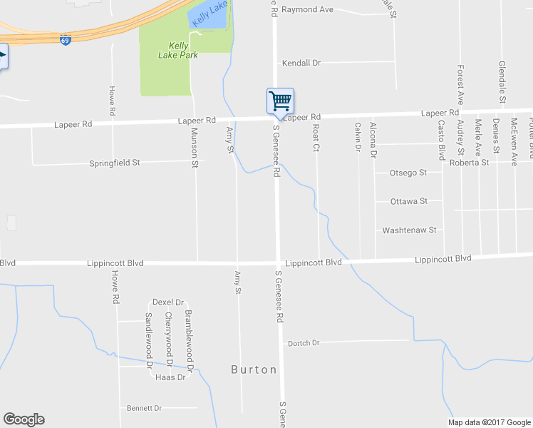 map of restaurants, bars, coffee shops, grocery stores, and more near 1444 South Genesee Road in Burton