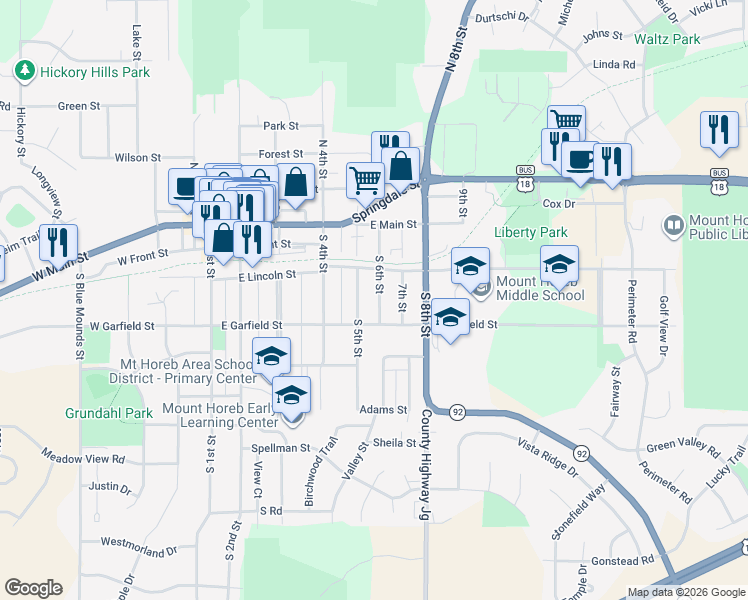 map of restaurants, bars, coffee shops, grocery stores, and more near 207 South 5th Street in Mount Horeb