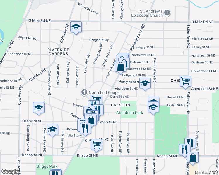 map of restaurants, bars, coffee shops, grocery stores, and more near 2351 Plainfield Avenue Northeast in Grand Rapids