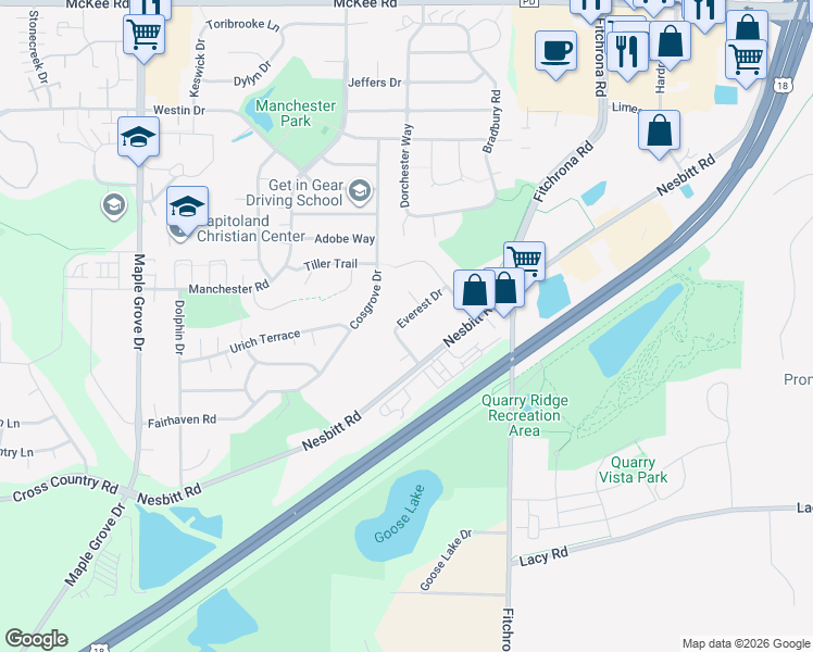 map of restaurants, bars, coffee shops, grocery stores, and more near 6391 Everest Drive in Madison