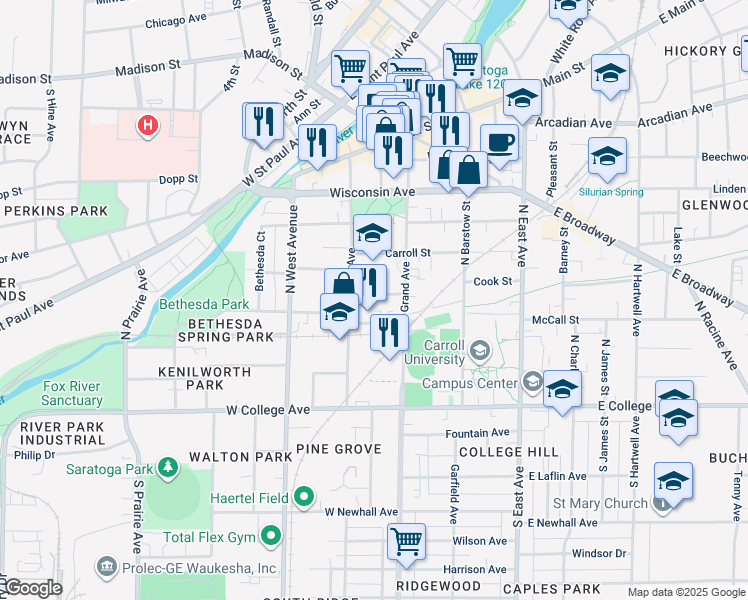 map of restaurants, bars, coffee shops, grocery stores, and more near 327 Arlington Street in Waukesha