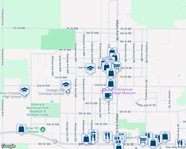 map of restaurants, bars, coffee shops, grocery stores, and more near 116 Colorado Avenue Northwest in Orange City