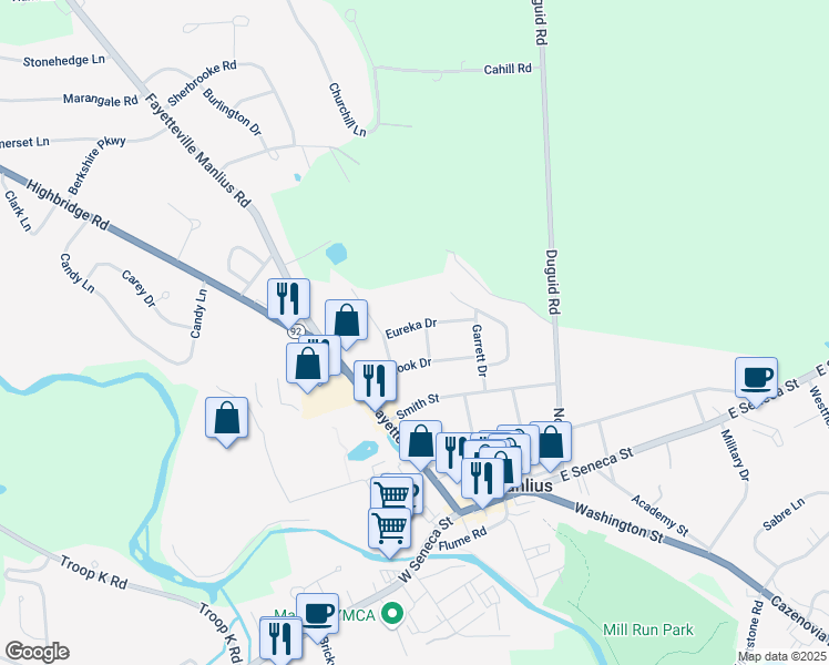 map of restaurants, bars, coffee shops, grocery stores, and more near 110 Eureka Drive in Manlius