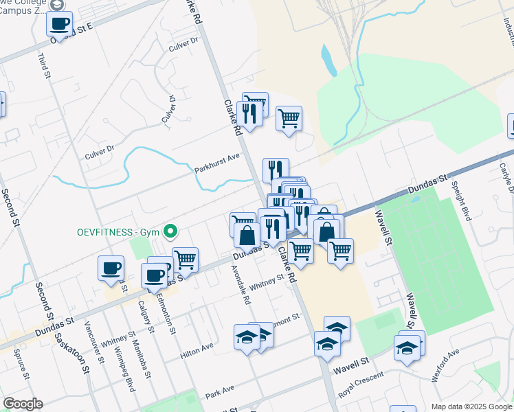 map of restaurants, bars, coffee shops, grocery stores, and more near 1903 Avalon Street in London