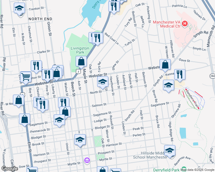 map of restaurants, bars, coffee shops, grocery stores, and more near 45 Carnegie Street in Manchester