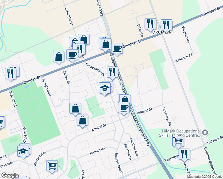 map of restaurants, bars, coffee shops, grocery stores, and more near 20 Moreau Crescent in London