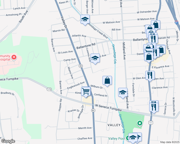 map of restaurants, bars, coffee shops, grocery stores, and more near 420 Loomis Ave in Syracuse
