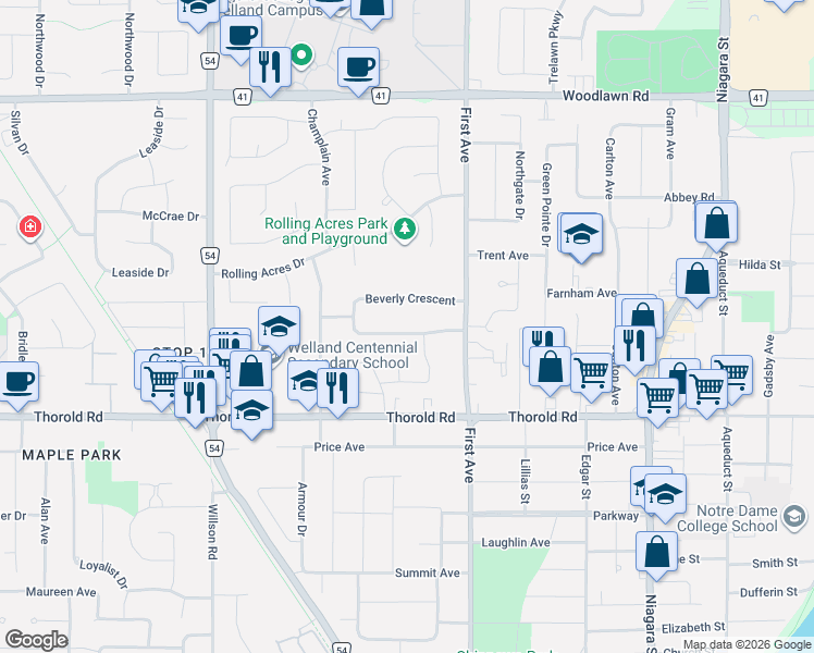 map of restaurants, bars, coffee shops, grocery stores, and more near 42 Lindel Crescent in Welland